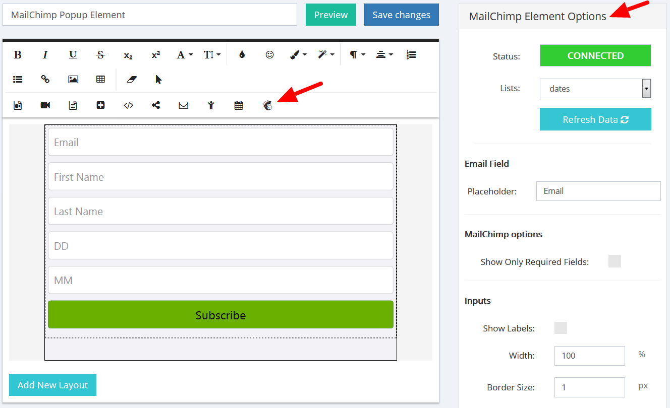 MailChimp Popup Element Options