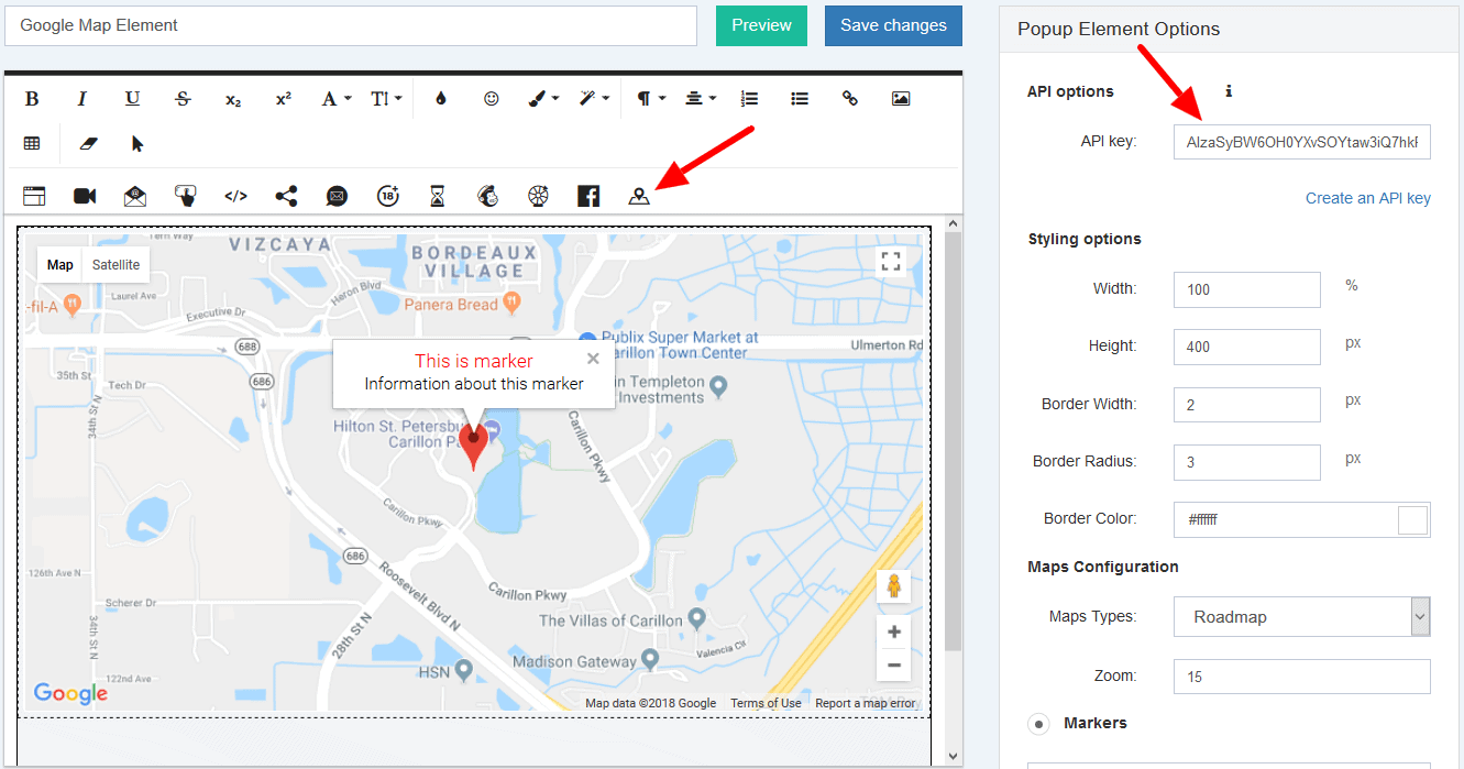 popup maker google map integration API option