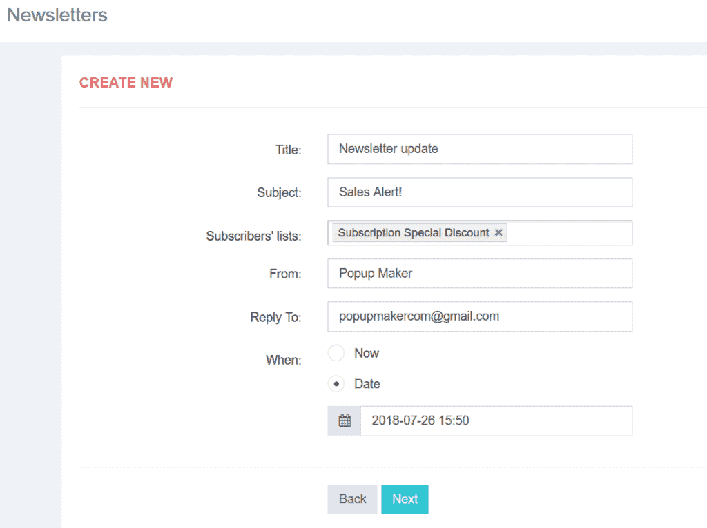 popup maker newsletter tool settings